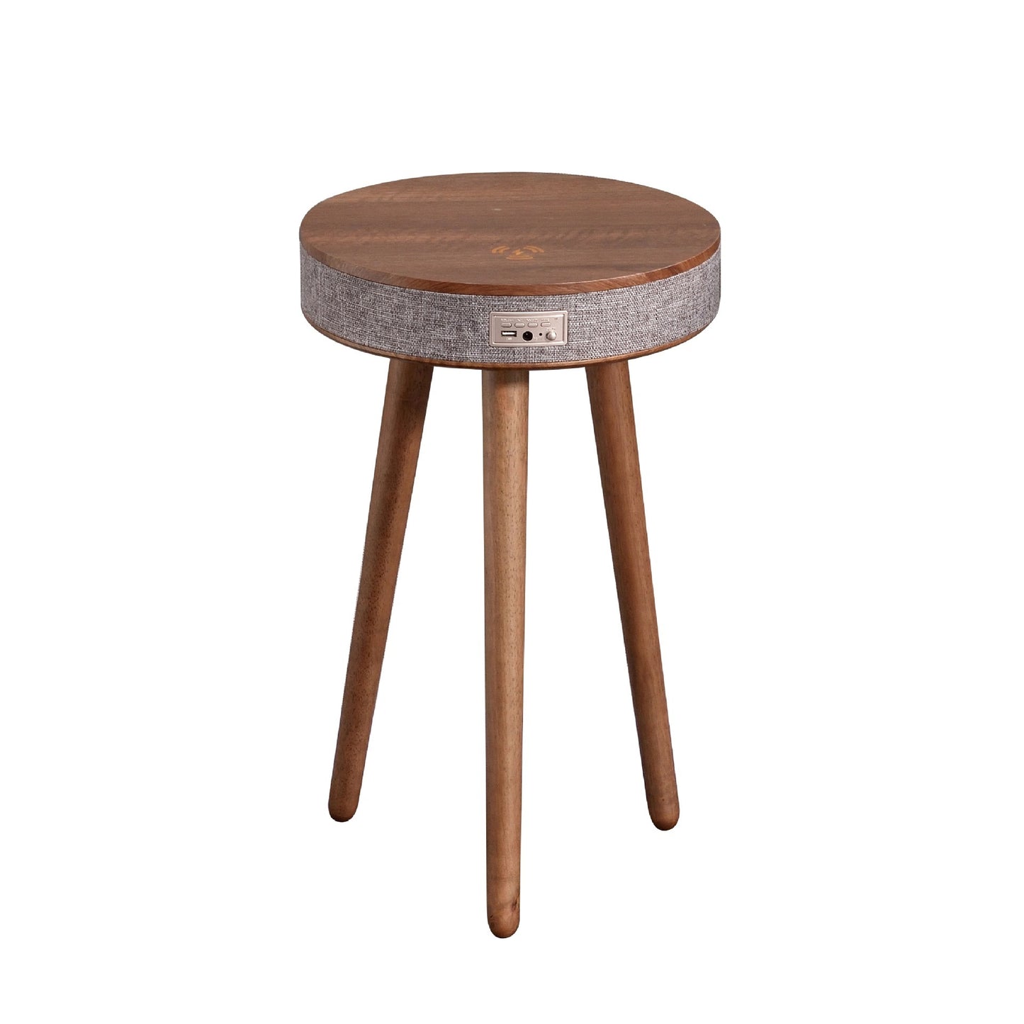 A modern round coffee table with built-in Bluetooth speaker and wireless charging for seamless living