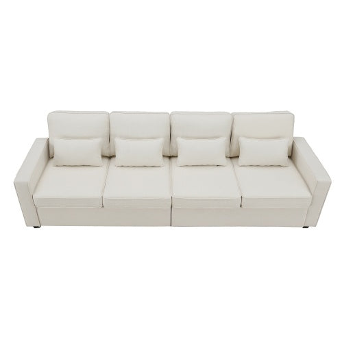 Minimalist linen sofa with armrest pockets and pillows, designed for modern comfort and style