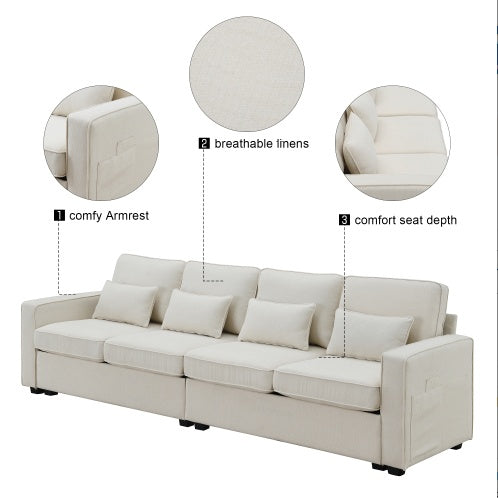 Minimalist linen sofa with armrest pockets and pillows, designed for modern comfort and style