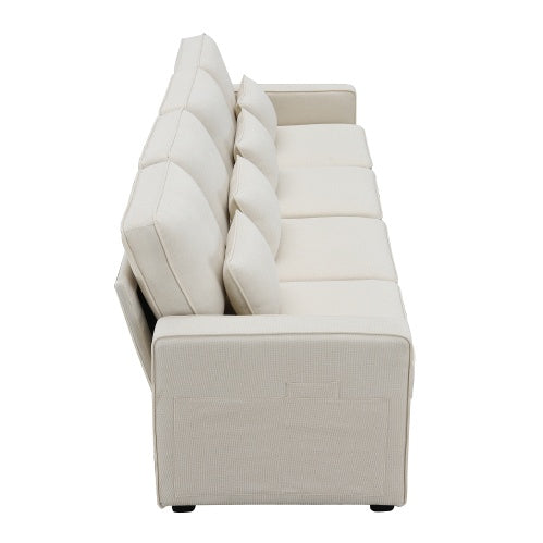 Minimalist linen sofa with armrest pockets and pillows, designed for modern comfort and style