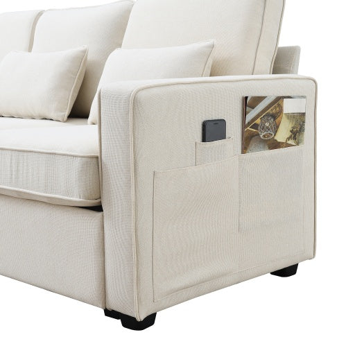 Minimalist linen sofa with armrest pockets and pillows, designed for modern comfort and style