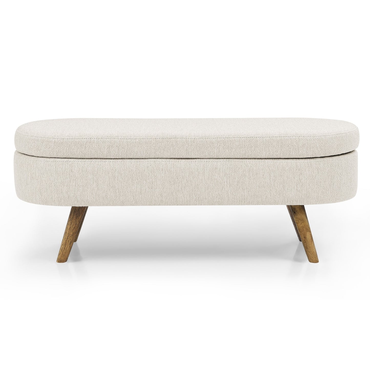 An elegant oval ottoman with hidden storage, crafted for timeless function and refined style