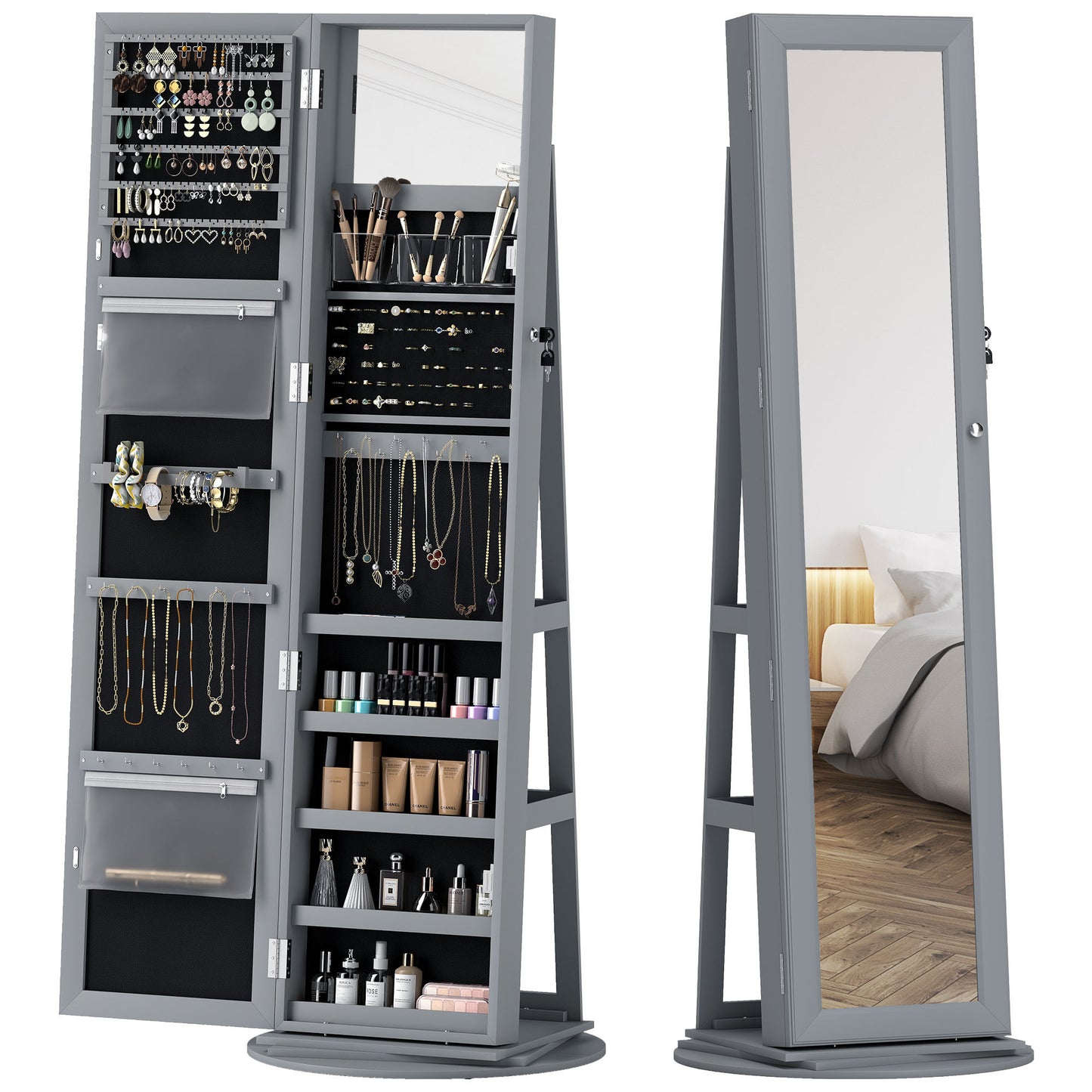 Sophisticated swivel armoire with mirror and lock, blending elegance with secure jewelry storage