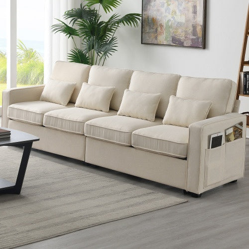 Minimalist linen sofa with armrest pockets and pillows, designed for modern comfort and style