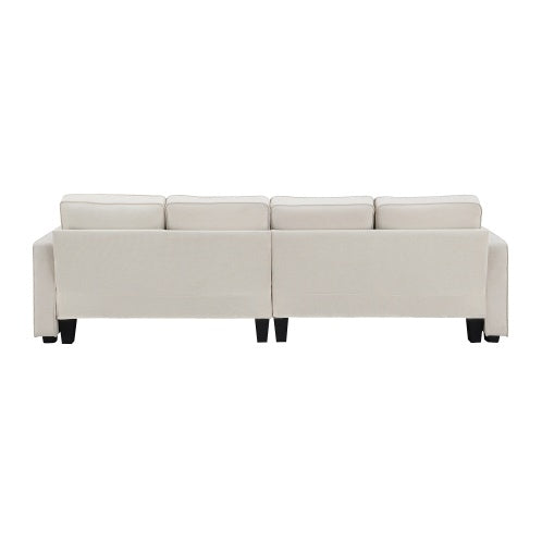 Minimalist linen sofa with armrest pockets and pillows, designed for modern comfort and style