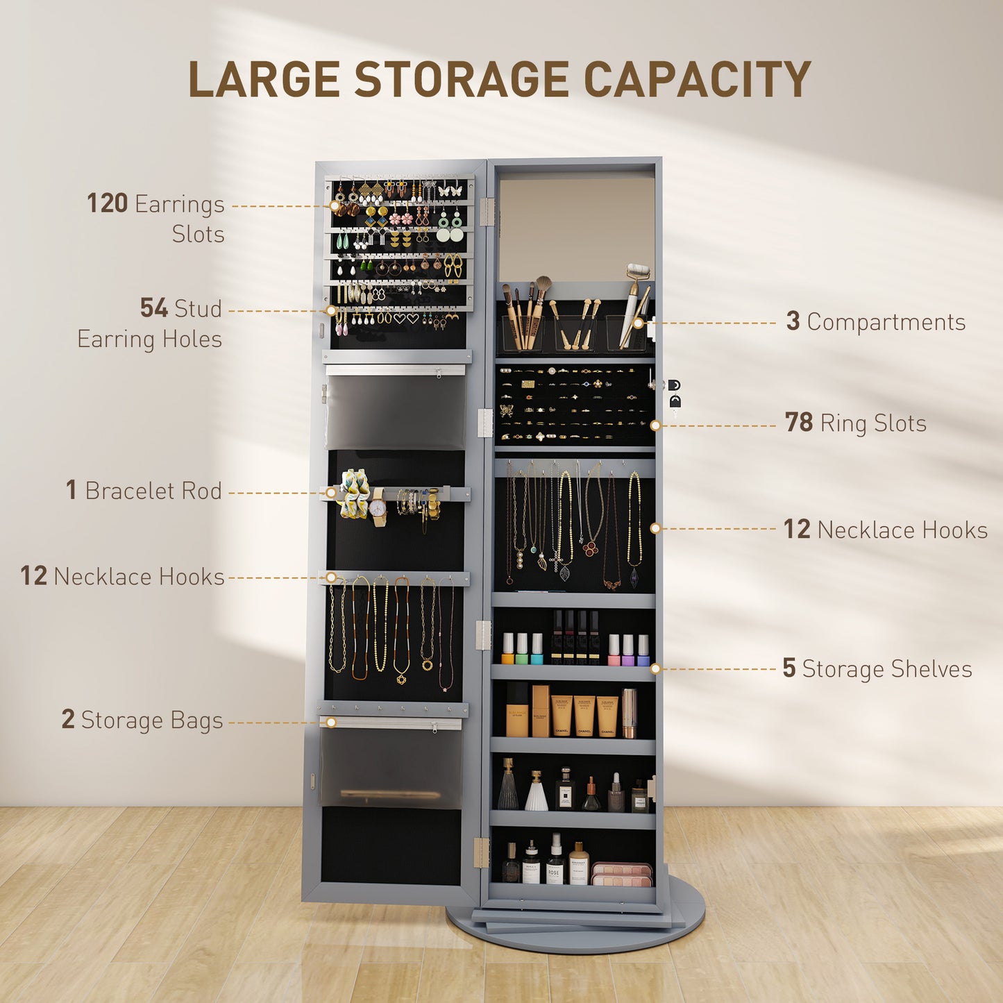 Sophisticated swivel armoire with mirror and lock, blending elegance with secure jewelry storage