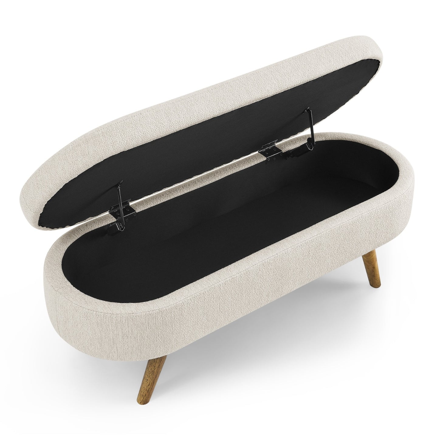 An elegant oval ottoman with hidden storage, crafted for timeless function and refined style