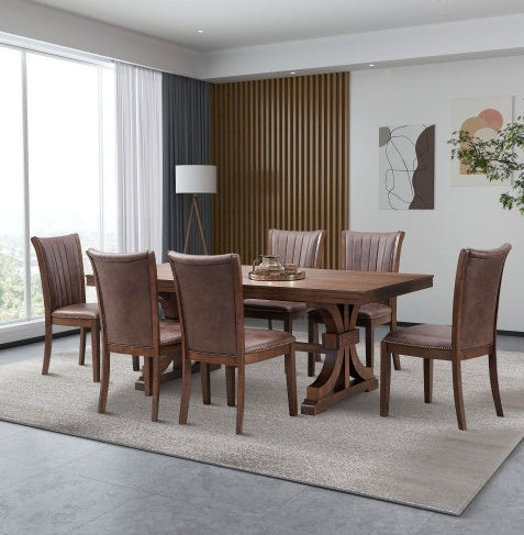 Timeless oak dining table with a trestle pedestal base, crafted for elegant gatherings and modern living