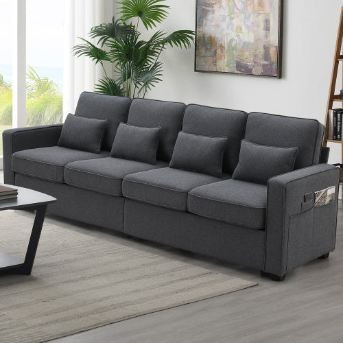 Minimalist linen sofa with armrest pockets and pillows, designed for modern comfort and style