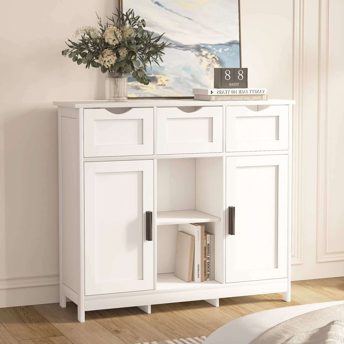 Versatile white cabinet with drawers and shelves, blending practical storage with refined décor