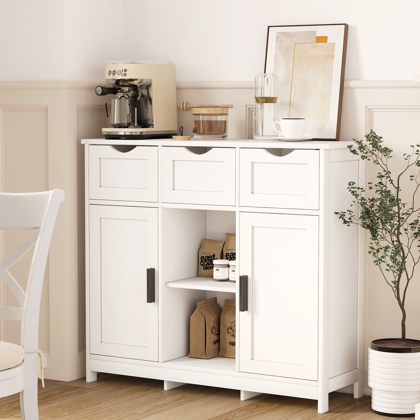 Versatile white cabinet with drawers and shelves, blending practical storage with refined décor