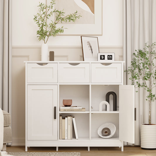 Versatile white cabinet with drawers and shelves, blending practical storage with refined décor