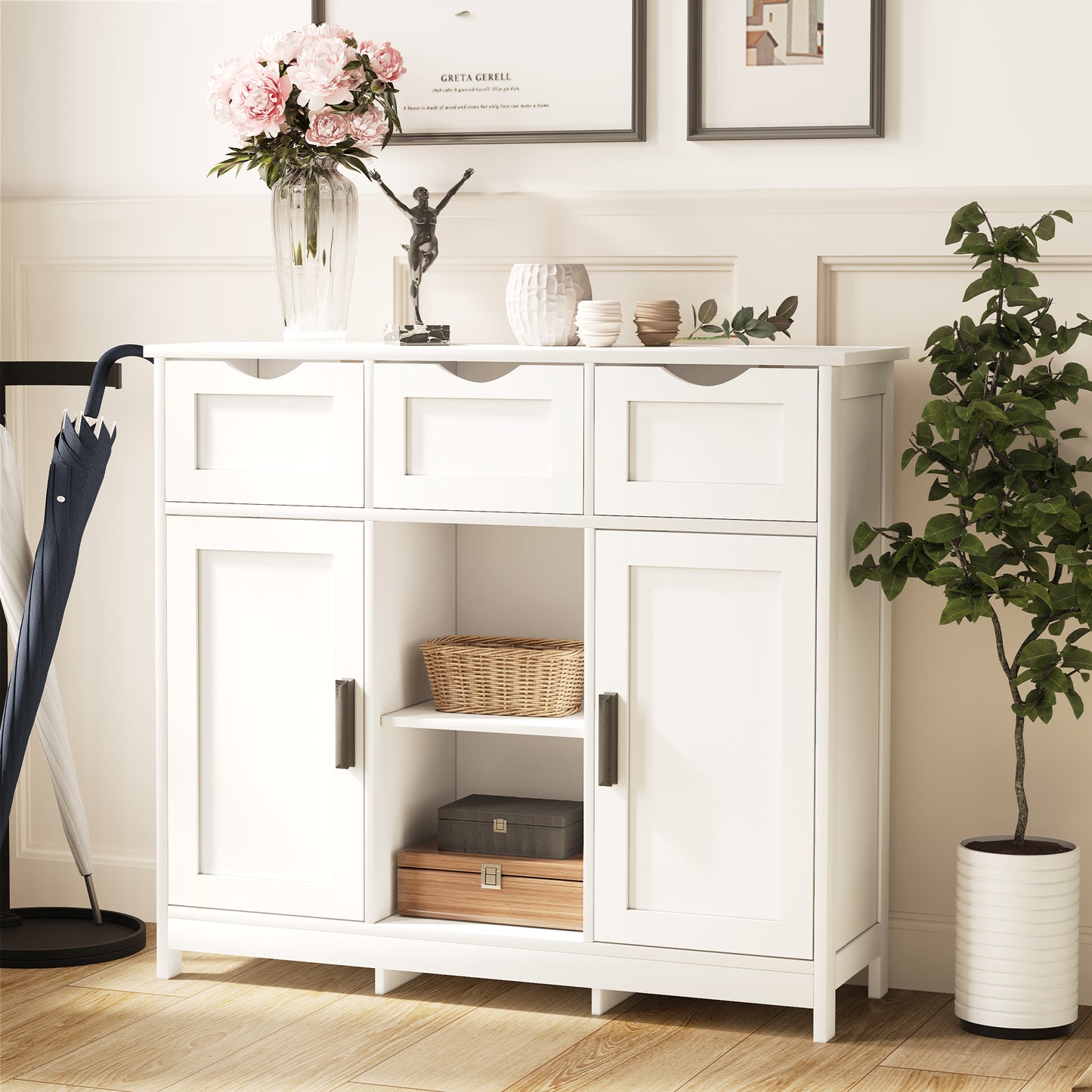 Versatile white cabinet with drawers and shelves, blending practical storage with refined décor