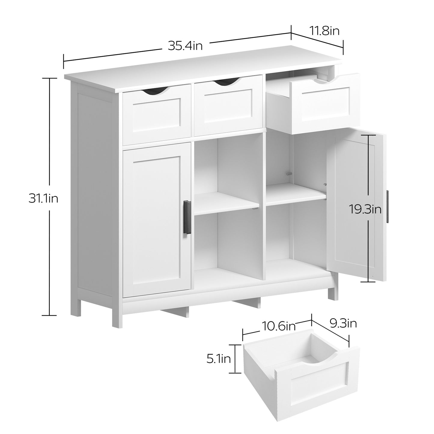 Versatile white cabinet with drawers and shelves, blending practical storage with refined décor