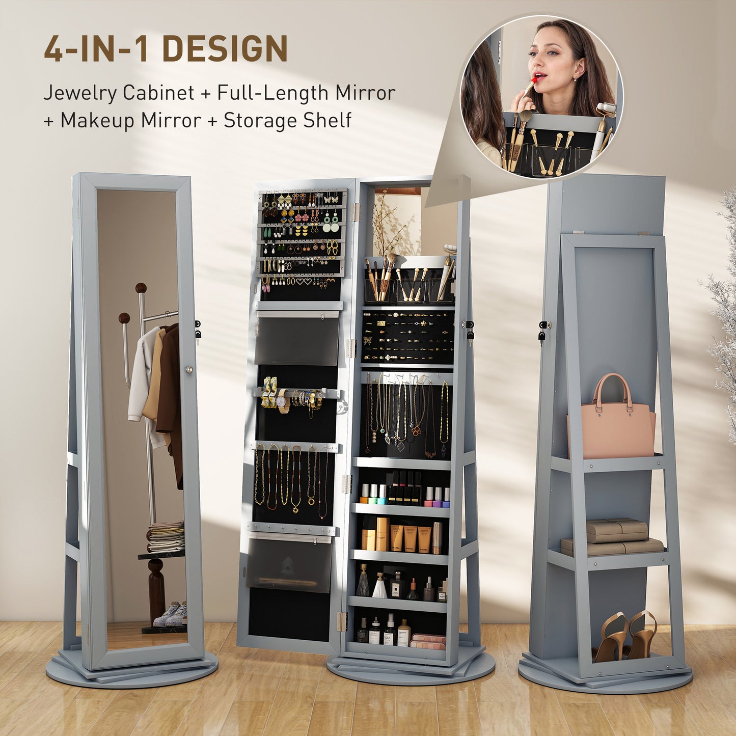 Sophisticated swivel armoire with mirror and lock, blending elegance with secure jewelry storage