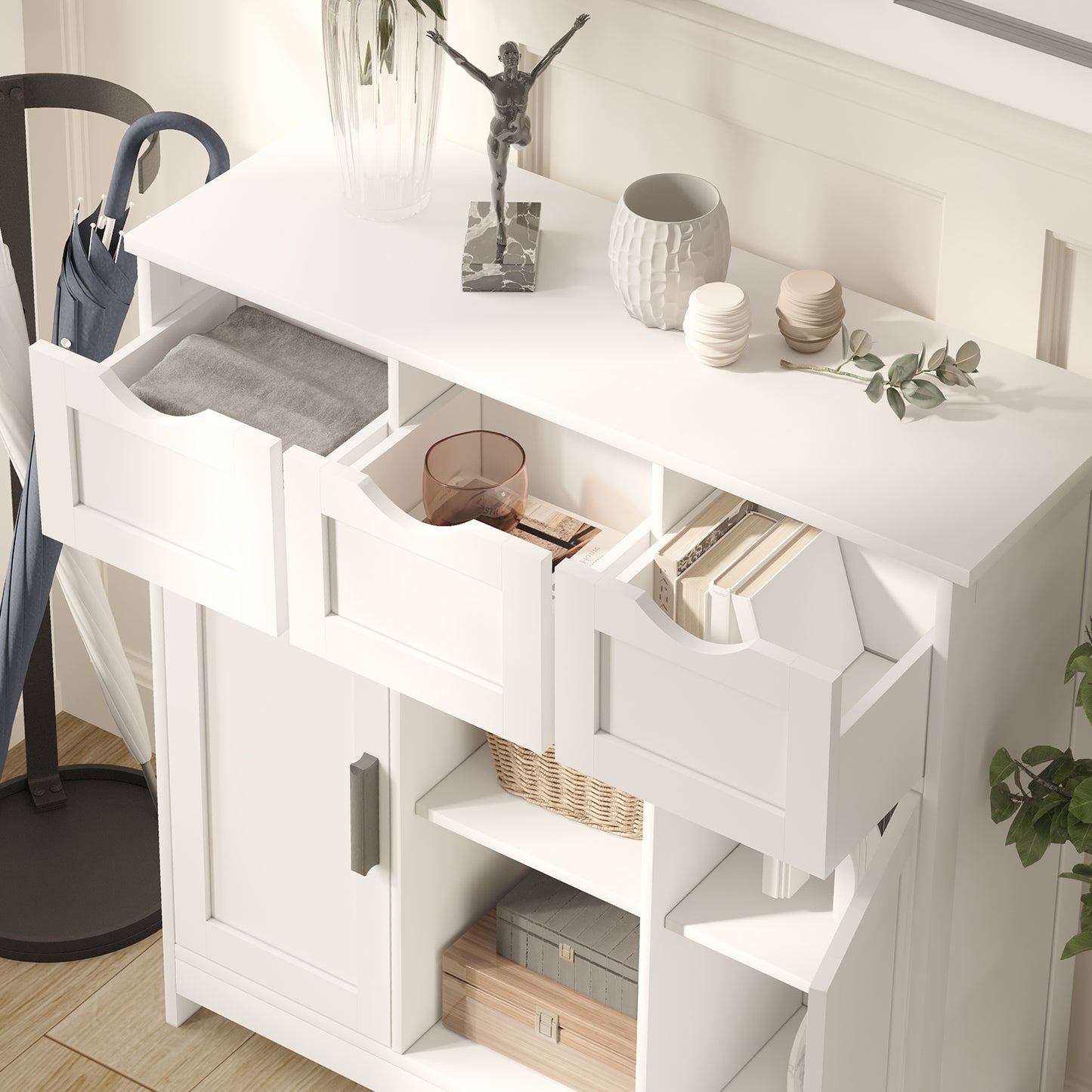 Versatile white cabinet with drawers and shelves, blending practical storage with refined décor